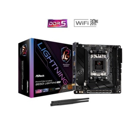 ASRock B650I LIGHTNING WIFI Ryzen 9000 / 8000 / 7000 Series B650 Chipset Socket AM5 2x DDR5 DIMM Slots 2x SATA 6Gb/s Connectors 1x HDMI 2.5 Gigabit LAN 10/100/1000/2500 802.11ax Wi-Fi 6E Mini ITX Gaming Desktop System Board (Motherboard)