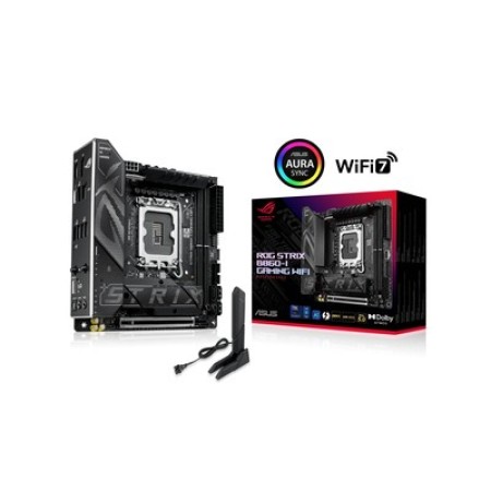Asus ROG STRIX B860-I GAMING WIFI Intel Core Ultra CPU B860 Chipset Socket LGA1851 2x DDR5 DIMM Slots 1x HDMI 1x DisplayPort 2x M.2 Slots 4x SATA 6Gb/s Ports 1x 2.5Gb Ethernet 802.11be 2x2 Wi-Fi 7 Mini ITX Gaming Desktop System Board (Motherboard)