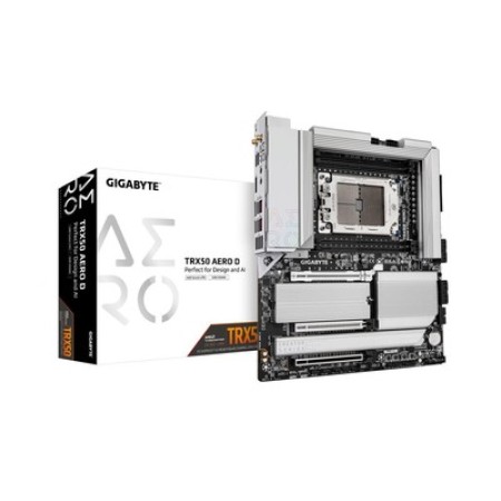 Gigabyte TRX50 AERO D AMD Ryzen Threadripper PRO 7000 / 7000 Series CPU TRX50 Chipset Socket sTR5 4x DDR5 DIMM Slots 1x 10GbE 1x 2.5GbE Ethernet 802.11be Wi-Fi 7 Extended ATX Desktop System Board (Motherboard)