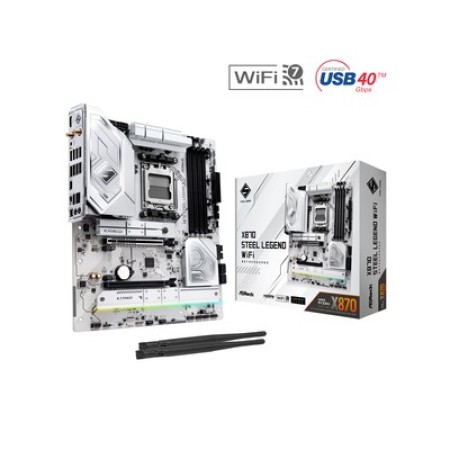 ASRock X870 STEEL LEGEND WIFI AMD Ryzen 9000 / 8000 / 7000 Series X870 Chipset Socket AM5 4x Dual Channel DDR5 DIMM Slots 4x SATA 6Gb/s Connectors 1x HDMI 2x USB4 2.5 Gigabit LAN 10/100/1000/2500 802.11be 2x2 Wi-Fi 7 ATX System Board (Motherboard)